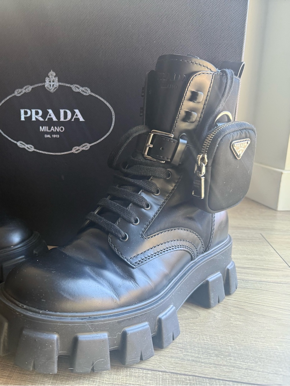 Monolith brushed leather and Re-Nylon boots with pouch